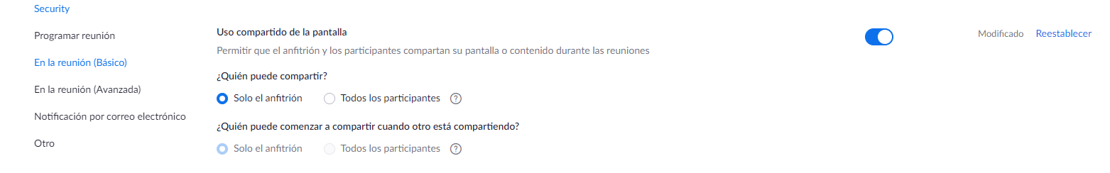 Pantallazo configuración zoom seguridad y privacidad compartir pantalla