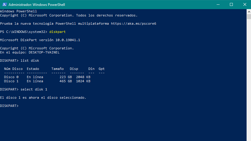 Captura pantalla formatear disco duro externo PowerShell